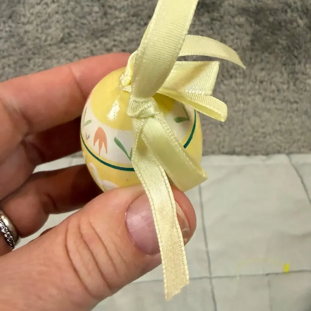 Vintage 80s Hand Decorated Wooden Easter Egg Ornament Yellow